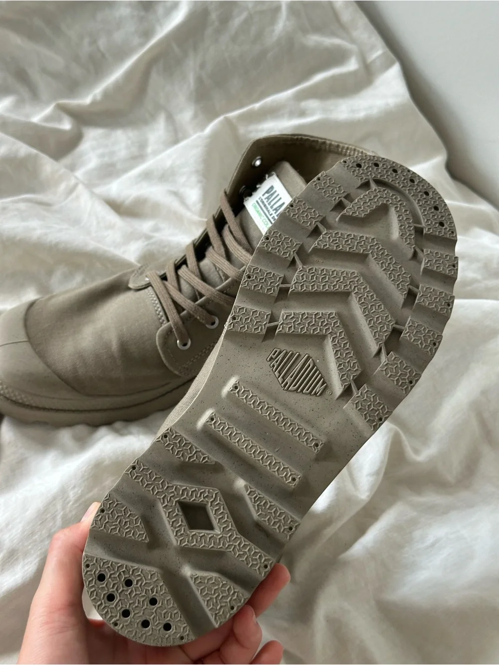 Palladium Taupe Green-Stitch Canvas High-Top Boots